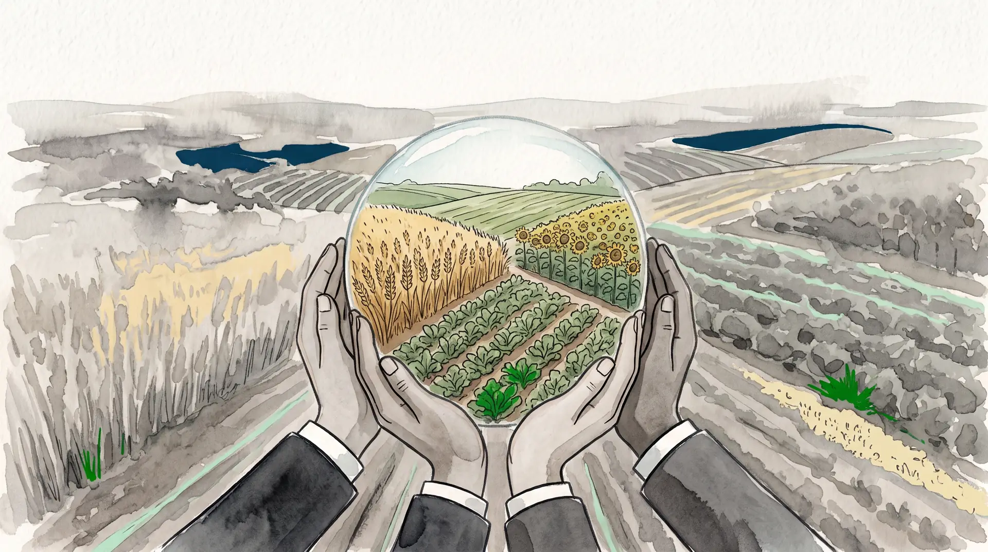 Dos pares de manos en traje sostienen una bola de cristal transparente que encierra un paisaje agrícola vibrante y saludable, que contrasta dramáticamente con el fondo degradado y monocromático que las rodea.