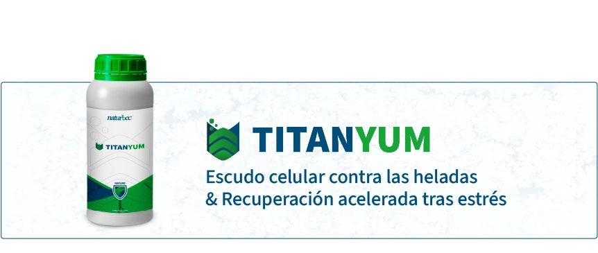 Banner de Titanyum, bioestimulante de Naturbec con acción de escudo celular frente a heladas y apoyo a la recuperación acelerada tras estrés por frío en cultivos.