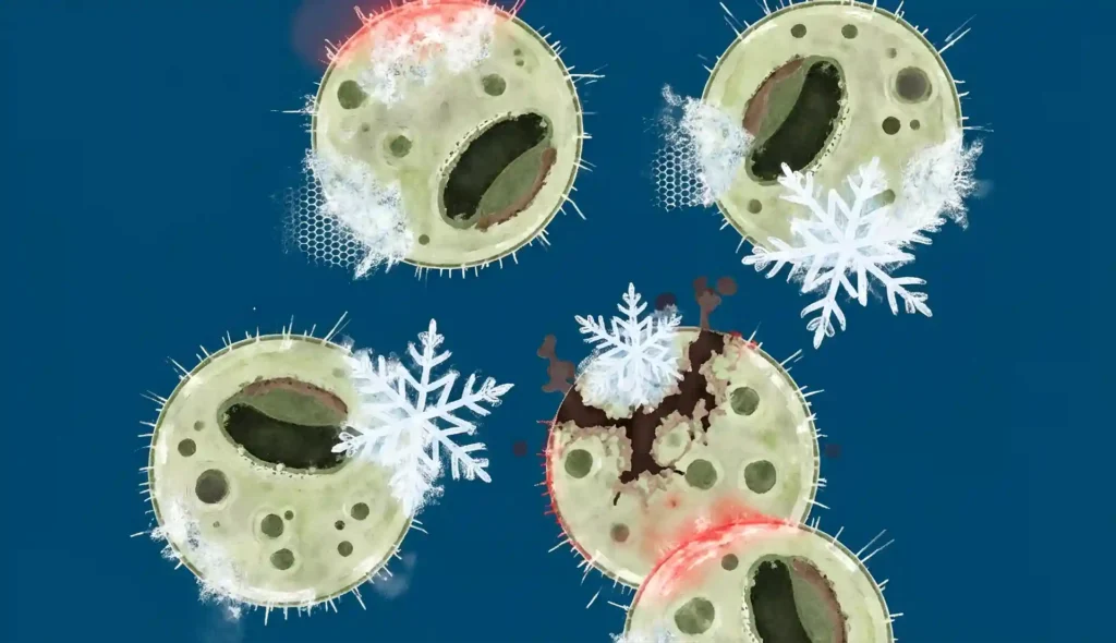Representación ilustrada de células vegetales expuestas a heladas, con formación de cristales de hielo y daños en membranas celulares.