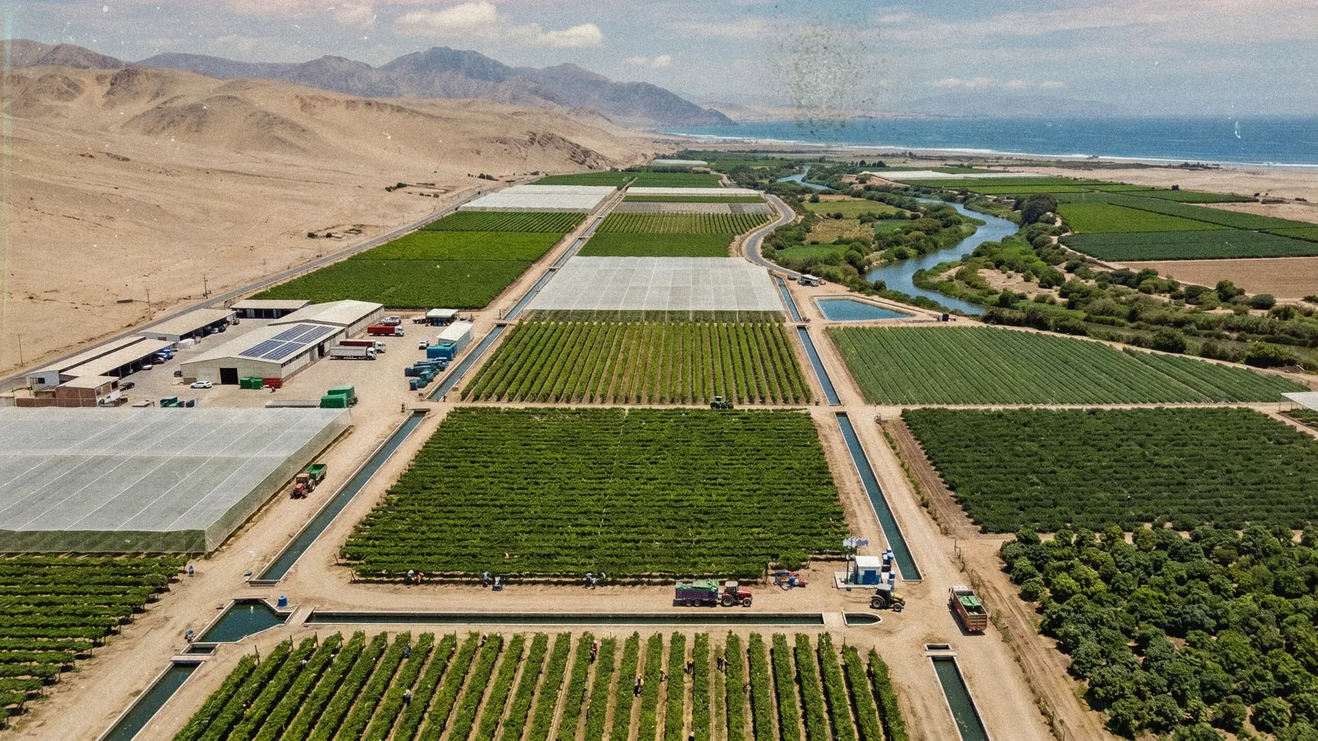 Vista aérea de campos agrícolas tecnificados en el desierto costero de Perú, con parcelas de cultivo organizadas, canales de riego, invernaderos y zonas industriales junto a un río y el océano.