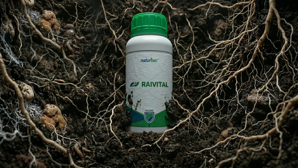 Un primer plano de una botella de RAIVITAL de Naturbec, parcialmente cubierta de tierra y con su tapa verde, colocada en el centro de una densa red de raíces saludables y pelos absorbentes en un suelo oscuro y rico en microorganismos. La imagen simboliza cómo el producto rejuvenece la rizosfera y multiplica las raíces funcionales para mejorar la eficiencia y rentabilidad del cultivo.