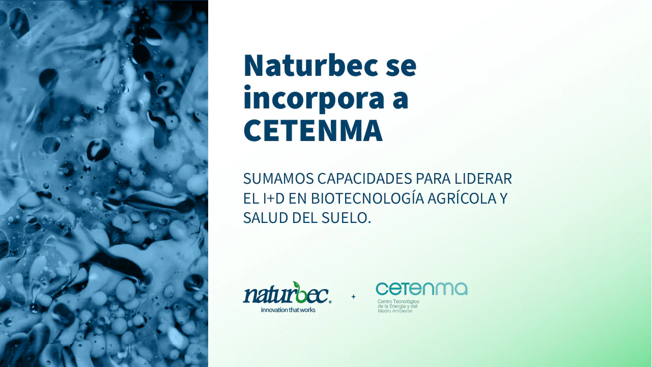 Creatividad gráfica de anuncio con fondo biotecnológico azul y verde: Naturbec se incorpora a CETENMA para liderar el I+D en biotecnología agrícola y salud del suelo, con los logotipos de ambas entidades.